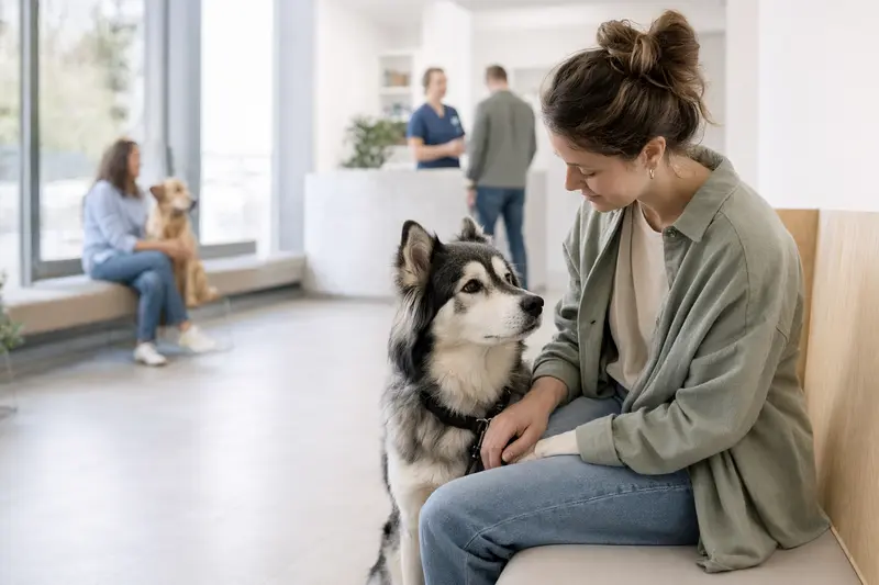 Ein Eskimohund sitzt ruhig neben seinem Besitzer im hellen Wartezimmer einer modernen Tierarztpraxis.